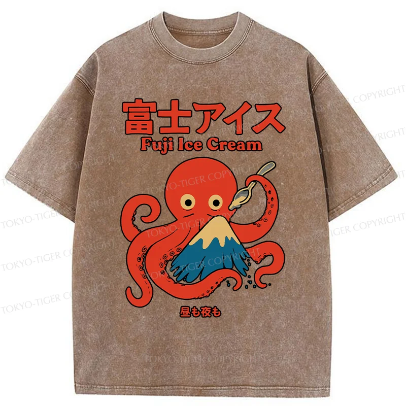 Tokyo-Tiger Octopus Eating Mount Fuji Washed T-Shirt
