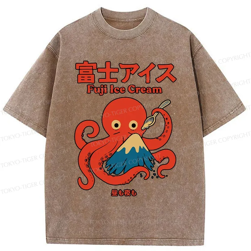 Tokyo-Tiger Octopus Eating Mount Fuji Washed T-Shirt