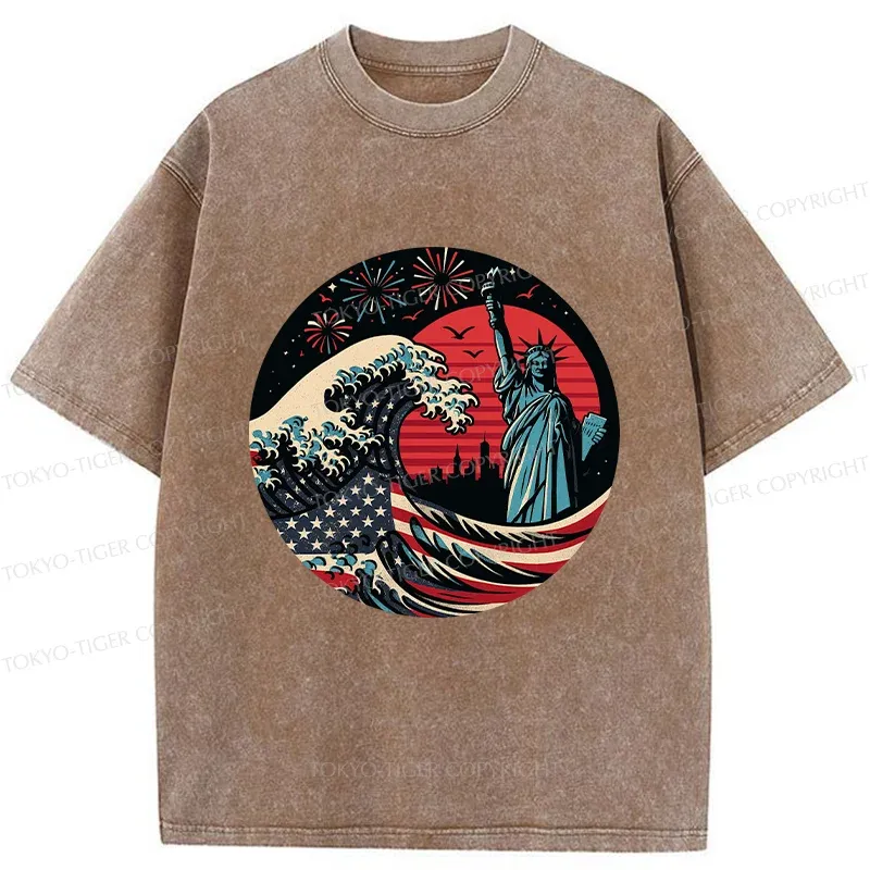 Tokyo-Tiger Independence Day And Waves Washed T-Shirt