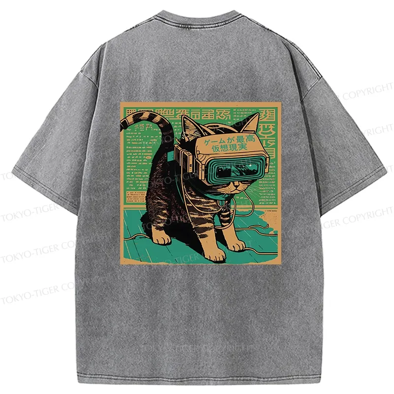 Tokyo-Tiger Cyberpunk Sci-Fi Cat Back Washed T-Shirt