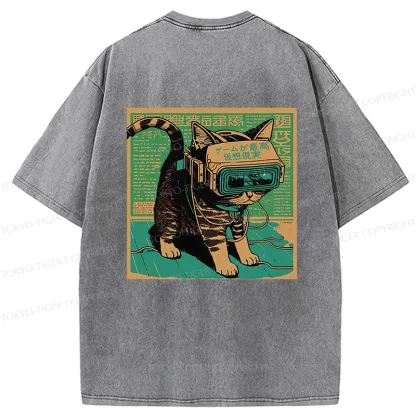 Tokyo-Tiger Cyberpunk Sci-Fi Cat Back Washed T-Shirt