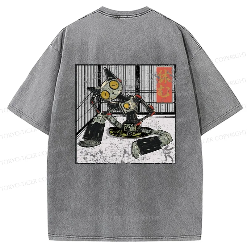 Tokyo-Tiger Robot Cat Taking A Rest Back Washed T-Shirt
