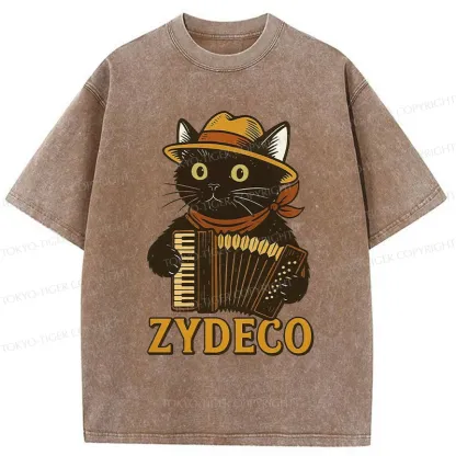 Tokyo-Tiger Cat Playing Accordion Washed T-Shirt