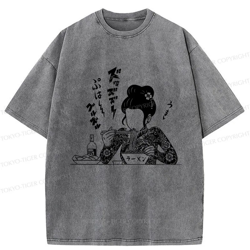 Tokyo-Tiger Japanese Beauty Eating Ramen Washed T-Shirt