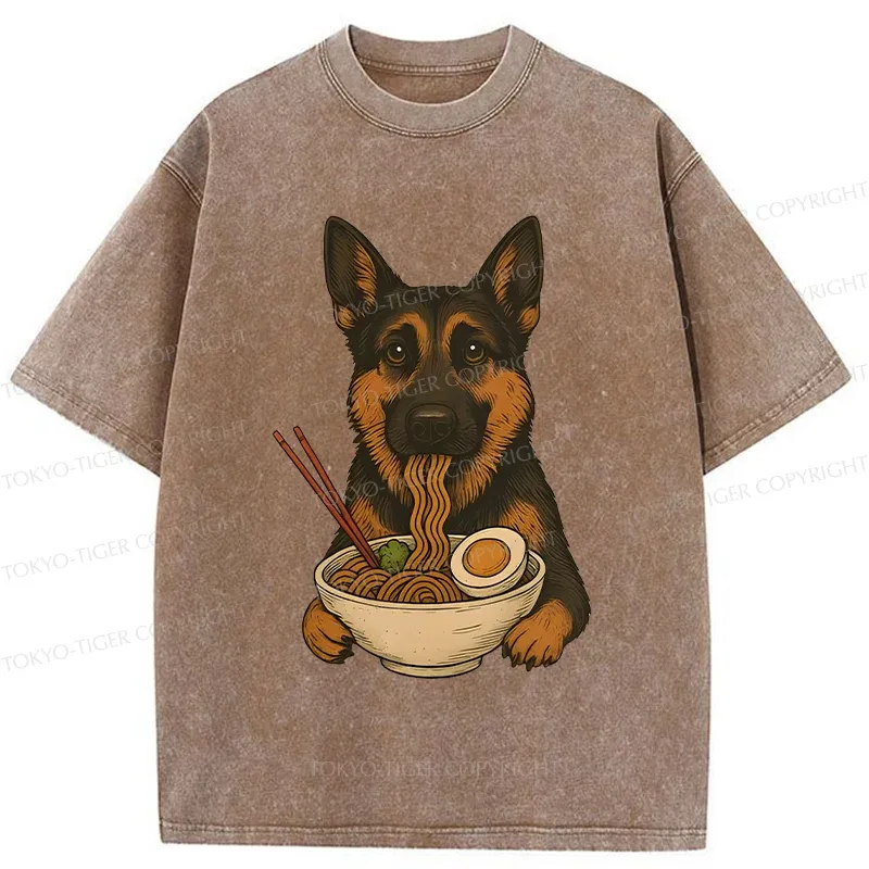 Tokyo-Tiger German Shepherd Eating Ramen Washed T-Shirt