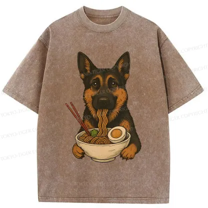 Tokyo-Tiger German Shepherd Eating Ramen Washed T-Shirt