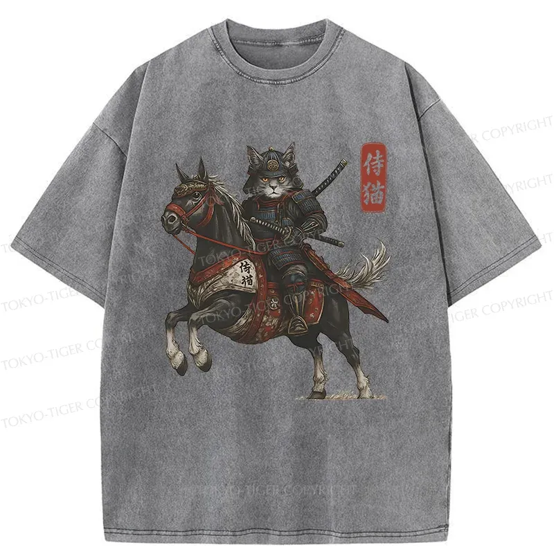 Tokyo-Tiger Cat Samurai Riding A Horse Washed T-Shirt