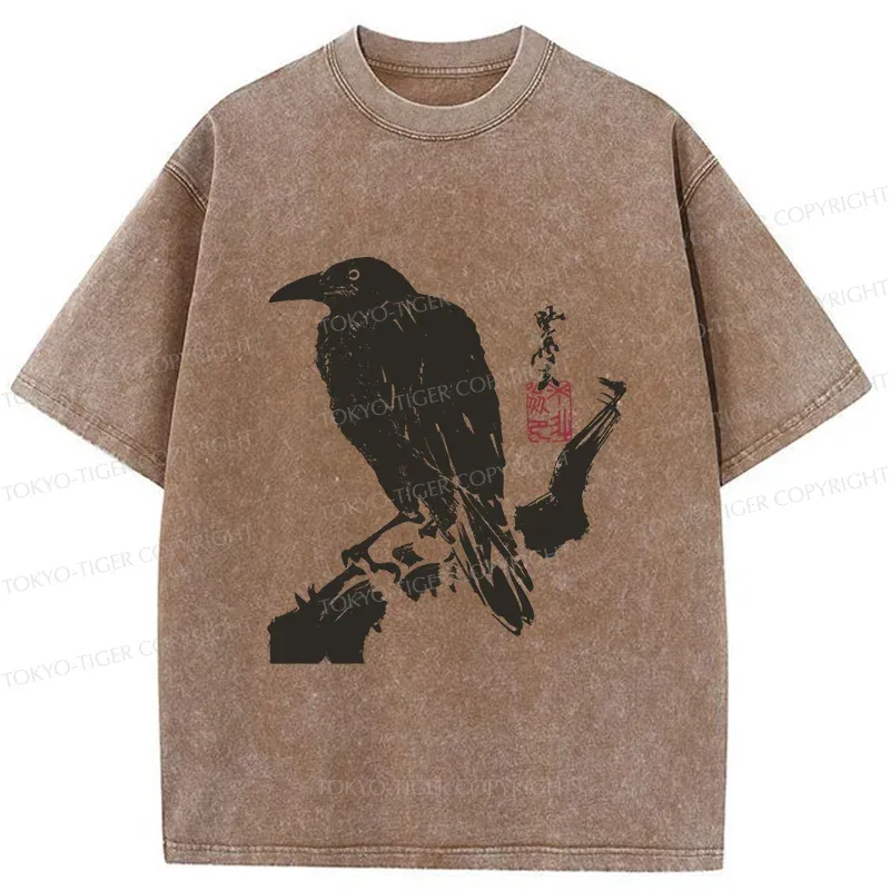 Tokyo-Tiger Crow Ancient Painting Washed T-Shirt