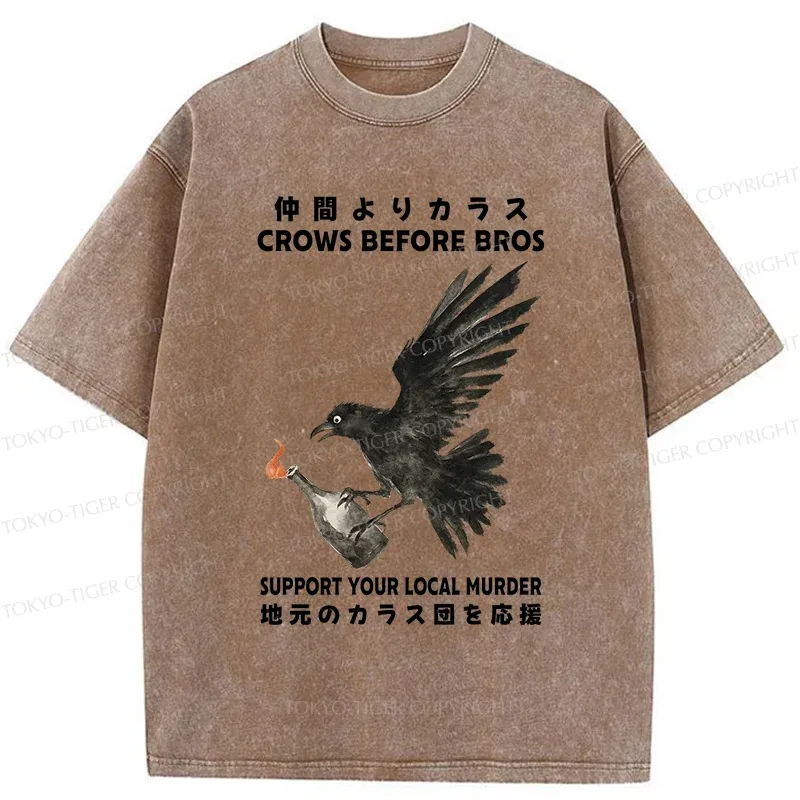 Tokyo-Tiger Crow Holding A Fire Bottle Washed T-Shirt