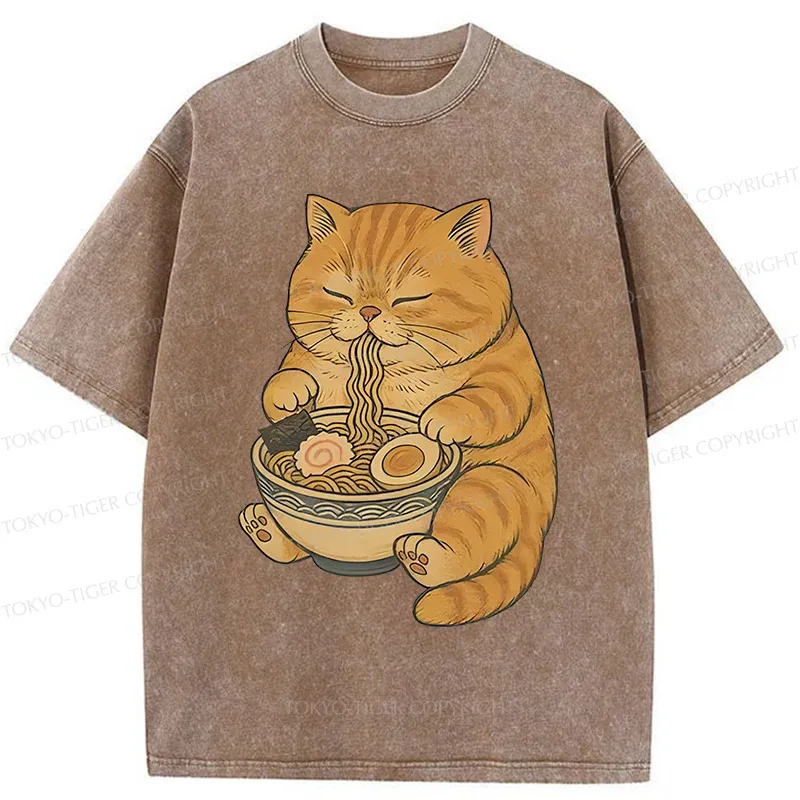 Tokyo-Tiger Orange Cat Eating Ramen Washed T-Shirt