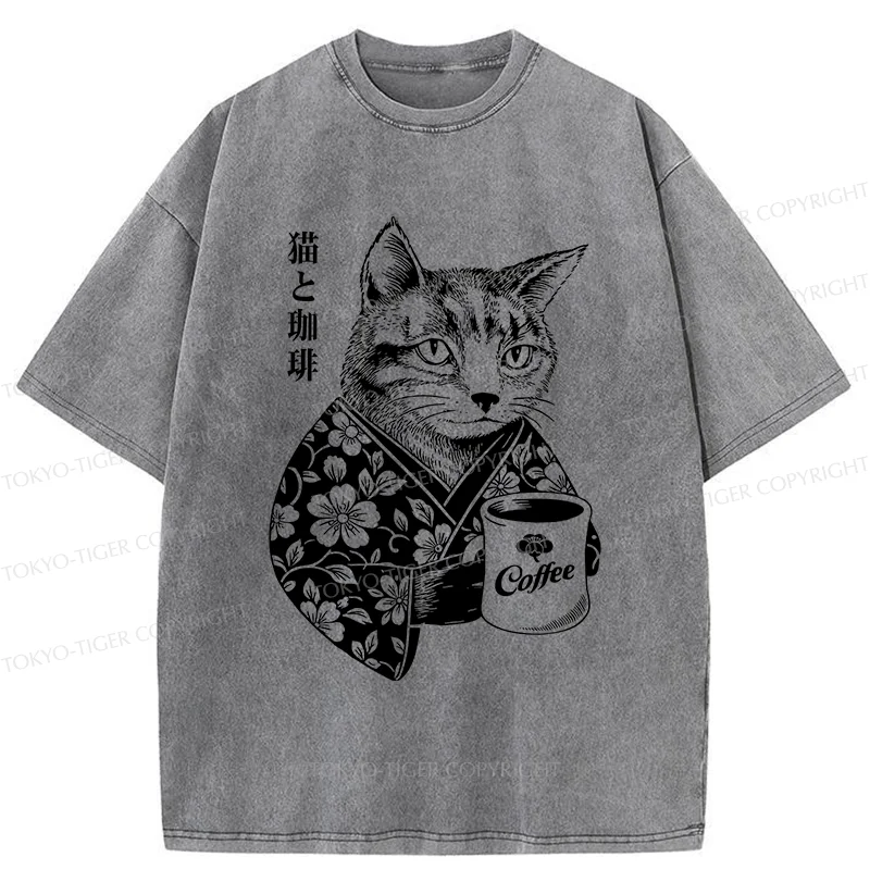 Tokyo-Tiger Cat And Coffee Washed T-Shirt