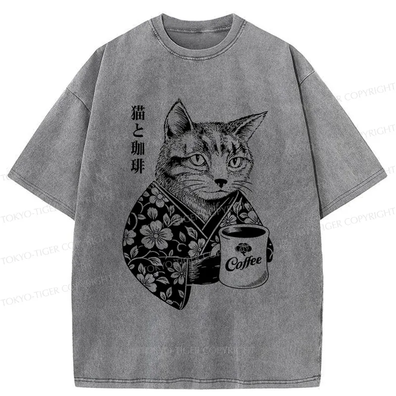 Tokyo-Tiger Cat And Coffee Washed T-Shirt