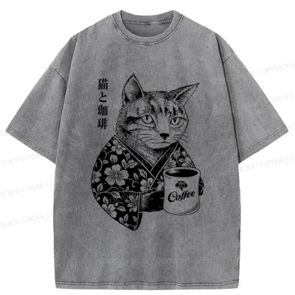 Tokyo-Tiger Cat And Coffee Washed T-Shirt