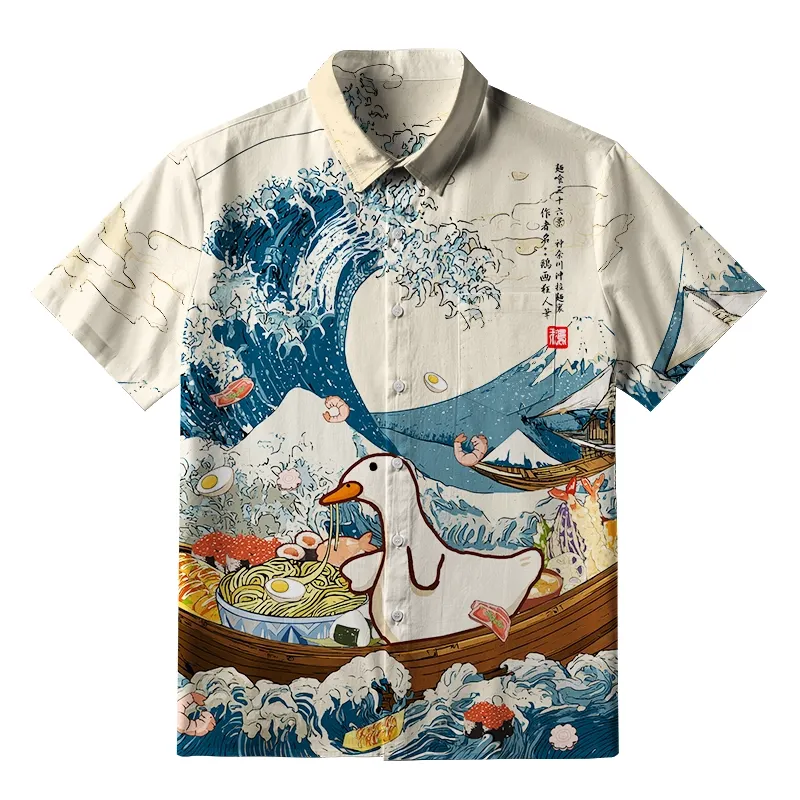 Tokyo-Tiger Naughty Duck Eating Ramen Button-up Shirt