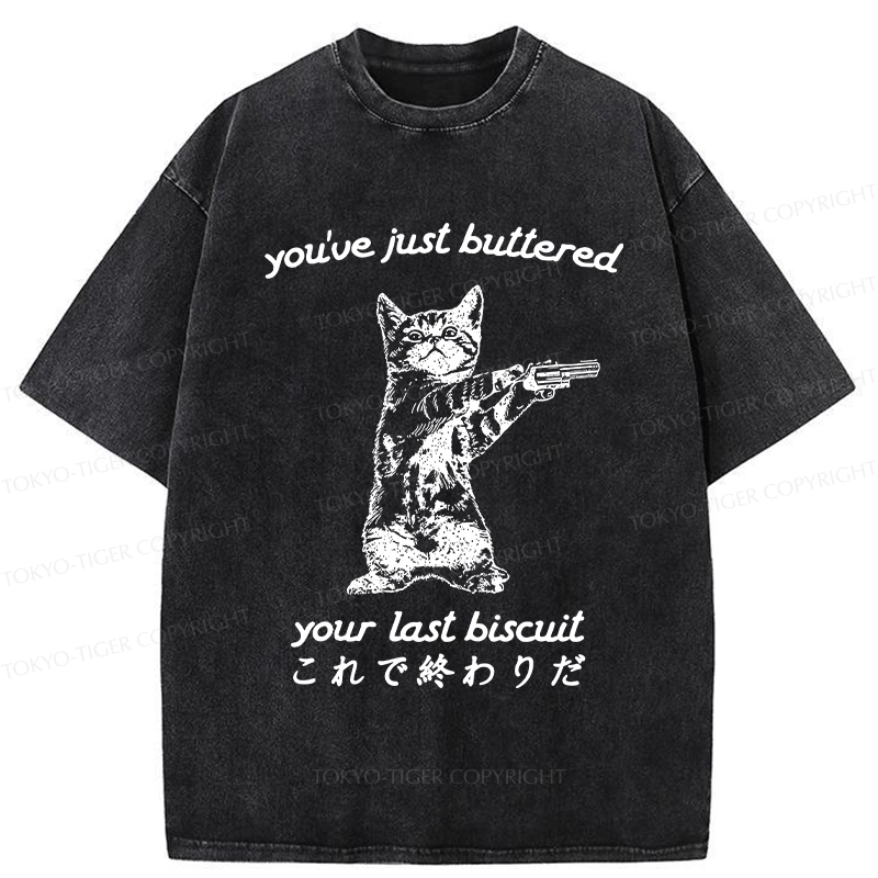 Tokyo-Tiger Funny Cat Holding A Gun Washed T-Shirt