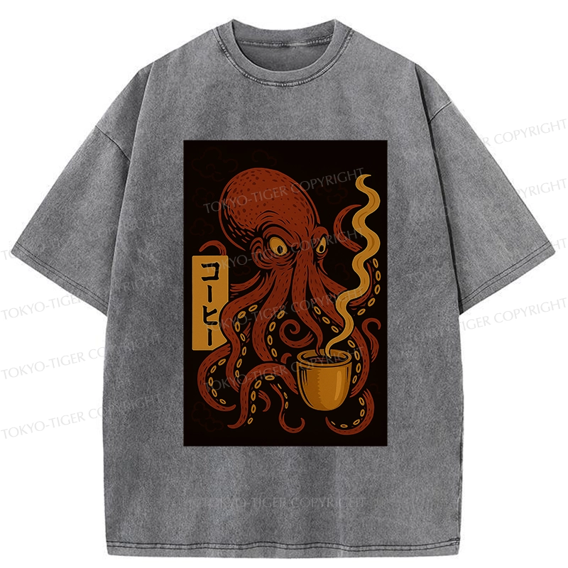Tokyo-Tiger Octopus Drinking Coffee Washed T-Shirt
