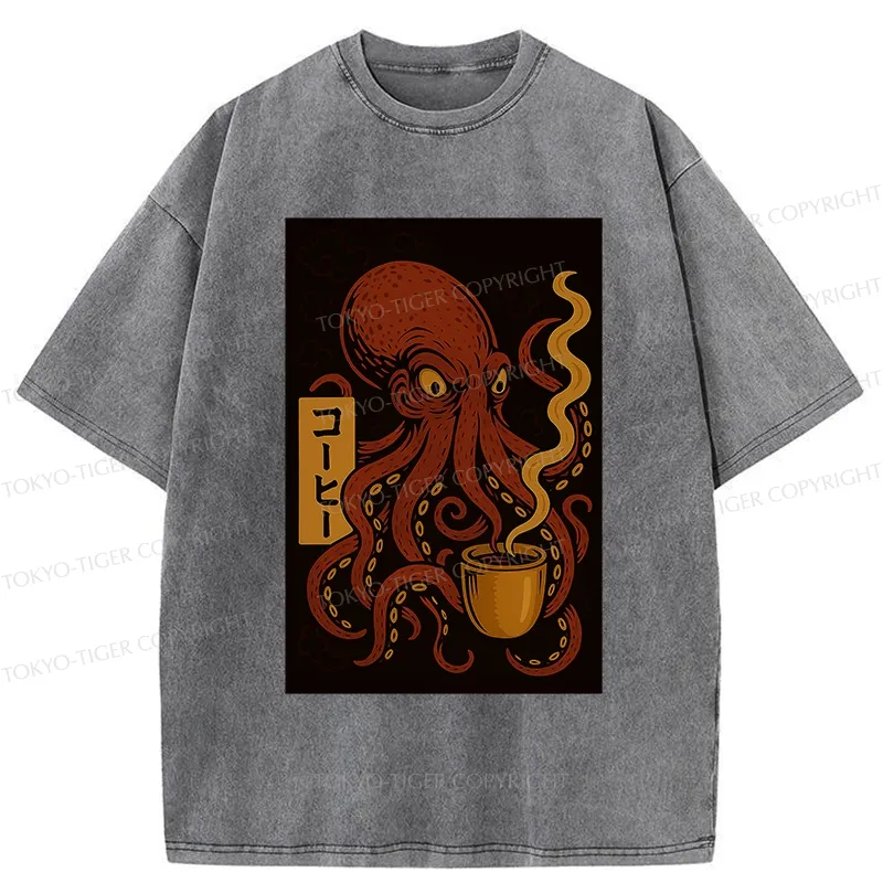 Tokyo-Tiger Octopus Drinking Coffee Washed T-Shirt