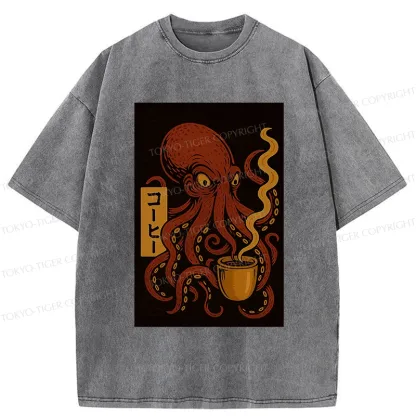 Tokyo-Tiger Octopus Drinking Coffee Washed T-Shirt