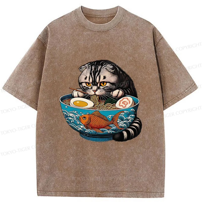 Tokyo-Tiger American Shorthair Cat Eating Ramen Washed T-Shirt