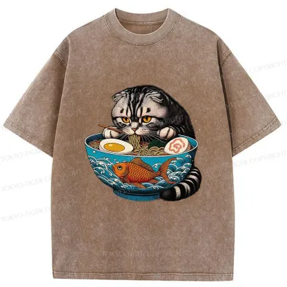 Tokyo-Tiger American Shorthair Cat Eating Ramen Washed T-Shirt