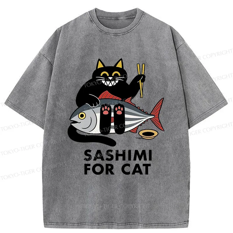 Tokyo-Tiger Black Cat Eating Sashimi Washed T-Shirt