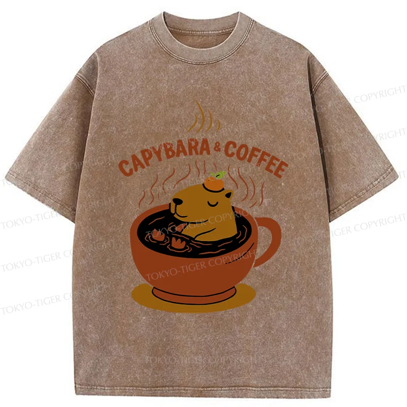 Tokyo-Tiger Capybara Coffee Funny Washed T-Shirt