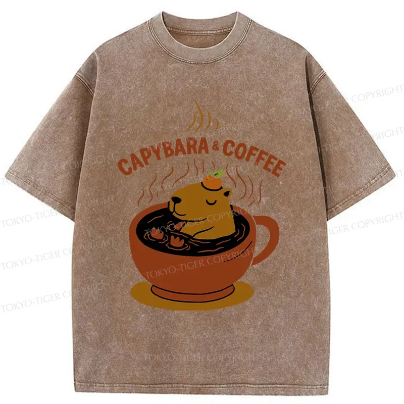 Tokyo-Tiger Capybara Coffee Funny Washed T-Shirt