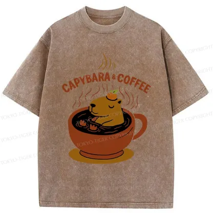 Tokyo-Tiger Capybara Coffee Funny Washed T-Shirt