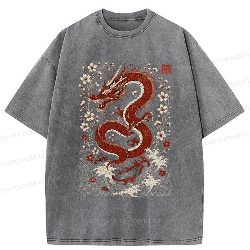 Tokyo-Tiger Retro Dragon And Sakura Washed T-Shirt