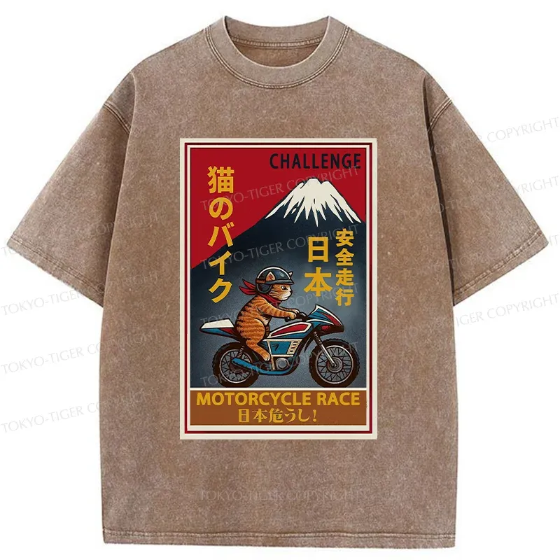 Tokyo-Tiger Cat Riding A Motorcycle Washed T-Shirt
