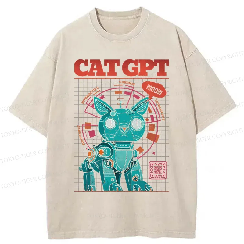 Tokyo-Tiger Machine Cat Retro Washed T-Shirt