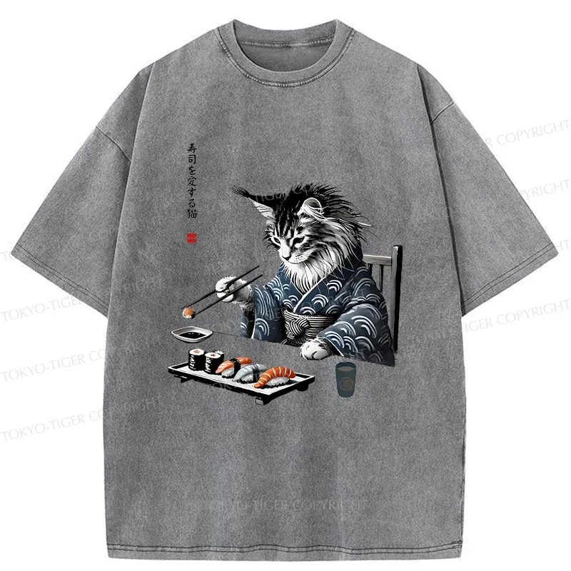 Tokyo-Tiger Cat Eating Sushi Japan Washed T-Shirt