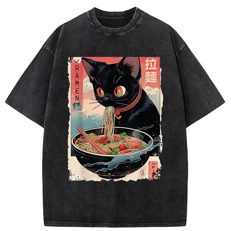 Tokyo-Tiger Black Cat Eating Ramen Japanese Washed T-Shirt