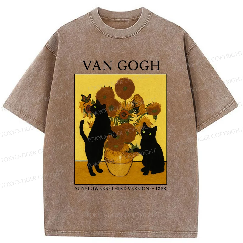 Tokyo-Tiger Sunflower And Cat Washed T-Shirt