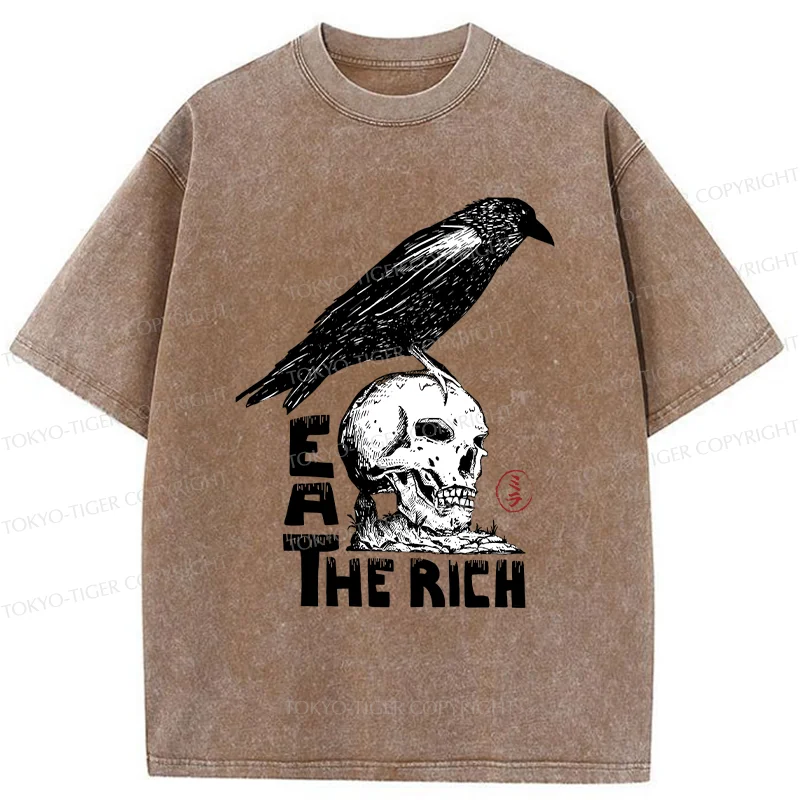 Tokyo-Tiger Crow Standing On Skull Washed T-Shirt