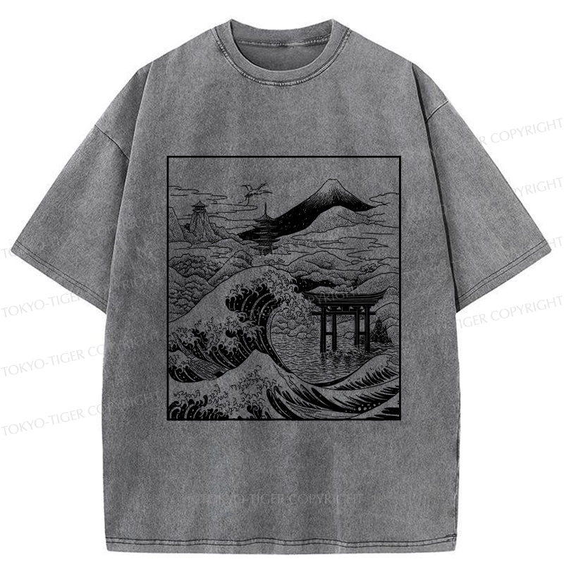 Tokyo-Tiger Retro Japanese landscape Washed T-Shirt