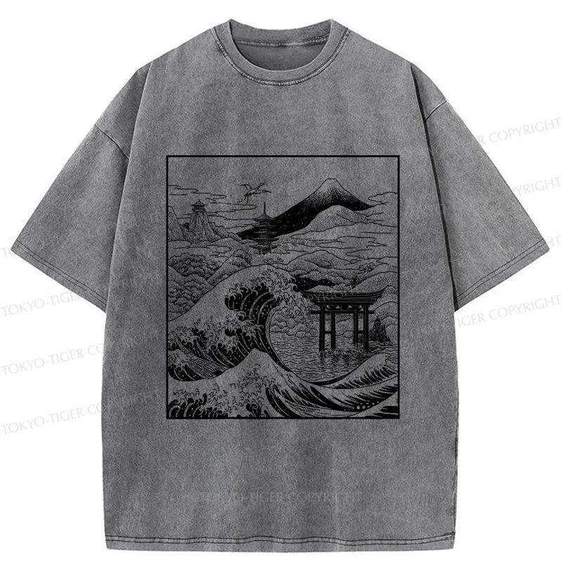 Tokyo-Tiger Retro Japanese landscape Washed T-Shirt