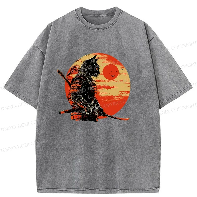 Tokyo-Tiger Cat Samurai And Sunset Washed T-Shirt