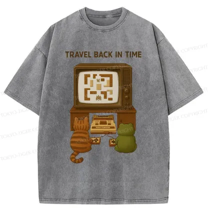 Tokyo-Tiger Cat And Frog Playing Games Washed T-Shirt