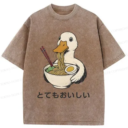 Tokyo-Tiger Goose Eating Delicious Ramen Washed T-Shirt