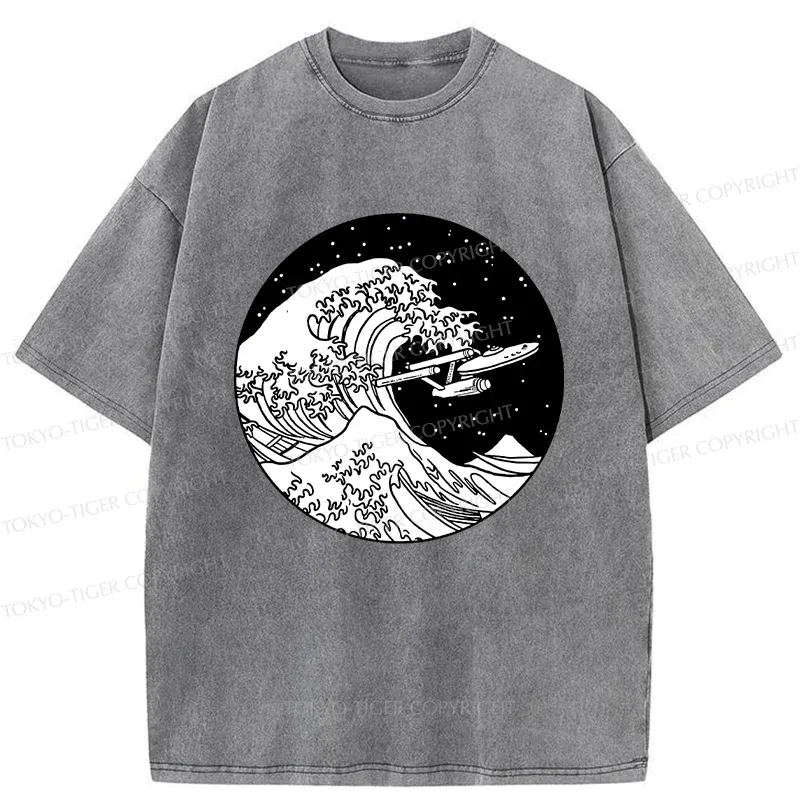 Tokyo-Tiger Waves and Spaceship Washed T-Shirt