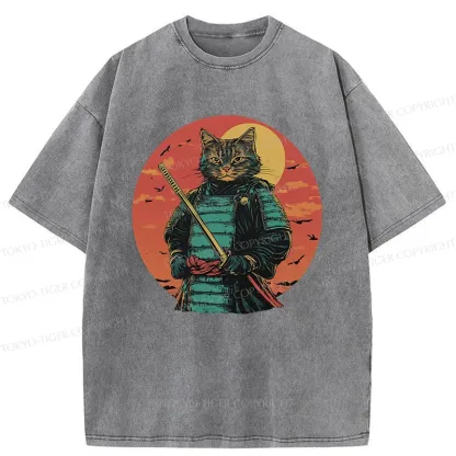 Tokyo-Tiger Handsome Cat Samurai Washed T-Shirt