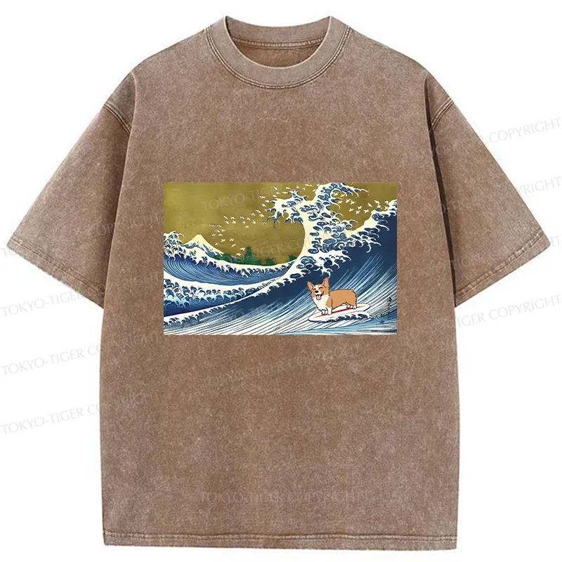 Tokyo-Tiger Corgi Surfing Washed T-Shirt