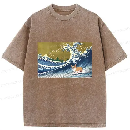 Tokyo-Tiger Corgi Surfing Washed T-Shirt