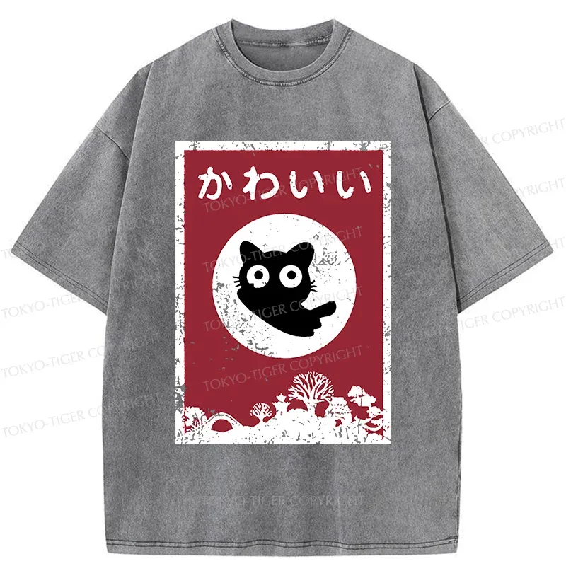 Tokyo-Tiger Cute Black Cat Washed T-Shirt
