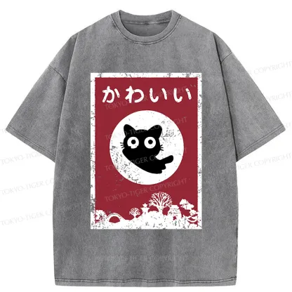 Tokyo-Tiger Cute Black Cat Washed T-Shirt