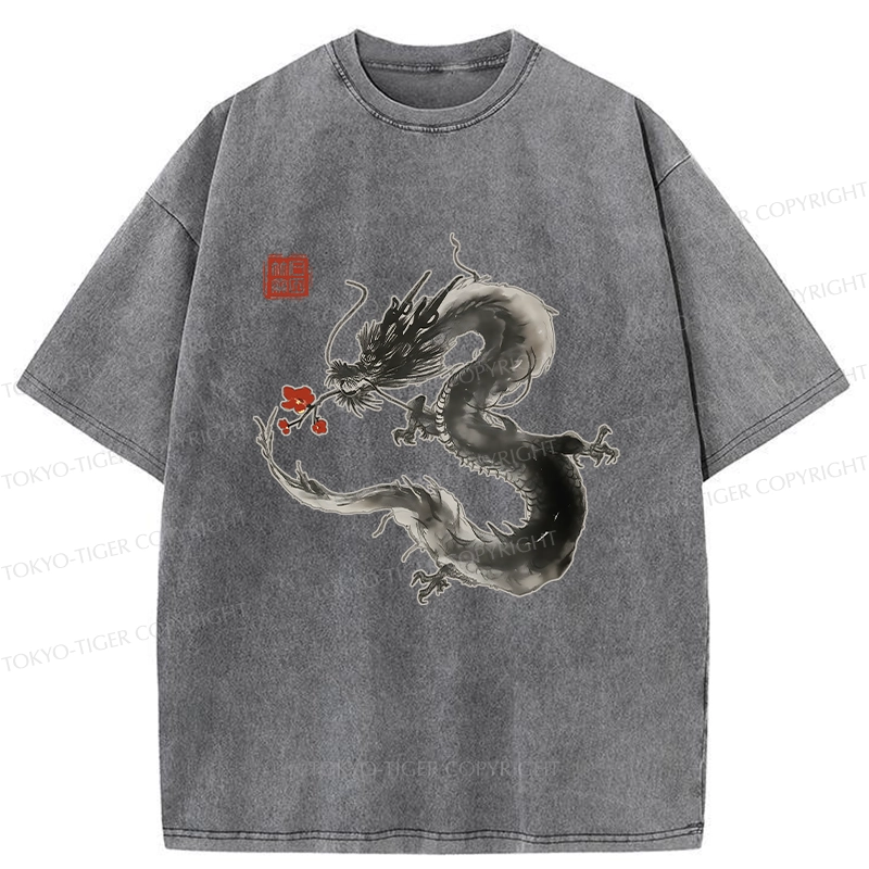 Tokyo-Tiger Dragon Holding A Flower Washed T-Shirt