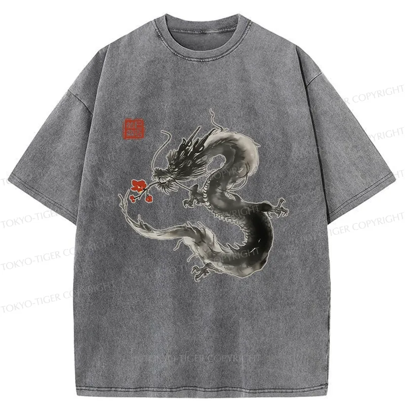 Tokyo-Tiger Dragon Holding A Flower Washed T-Shirt