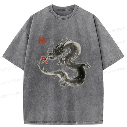 Tokyo-Tiger Dragon Holding A Flower Washed T-Shirt