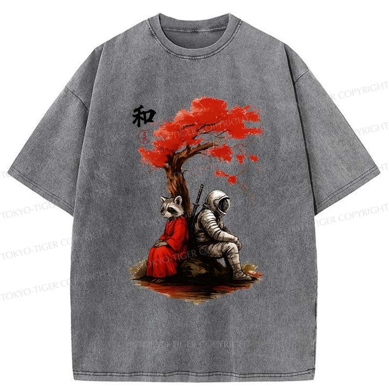 Tokyo-Tiger Raccoon And Astronaut By Tree Washed T-Shirt